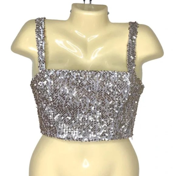 Forever 21 Crop Top Small Rose Gold Sequins Sleeveless Glam Streetwear Festival - Picture 1 of 3